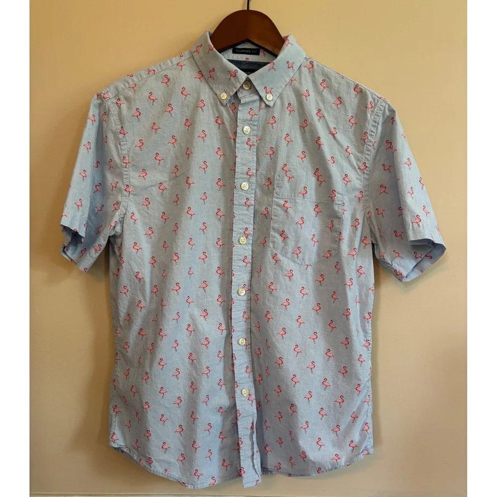 Banana Republic Flamingo Print Standard Fit Cotton Short Sleeve Shirt Men Small
